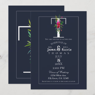 Convite T Monograma Última Inicial Moderna Floral Azul Cas