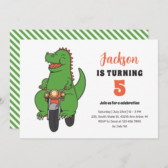 Convite T-Rex Bike Cute Kids Dinossaur Aniversário (Frente/Verso)