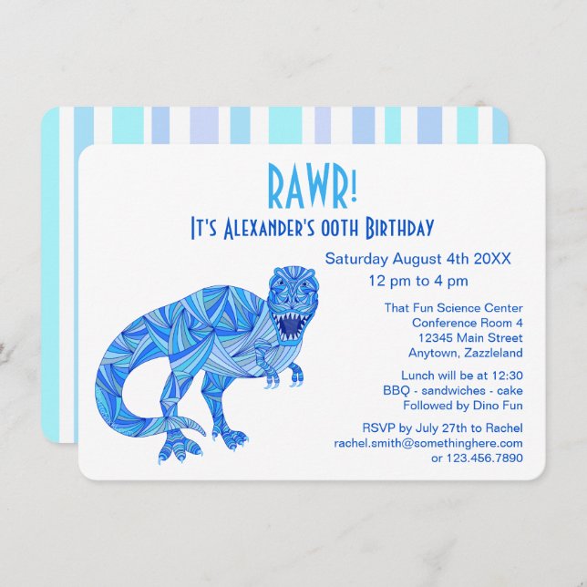 Convite T-Rex Blue Dinossaur Pré-Histórica Birthday RAWR (Frente/Verso)