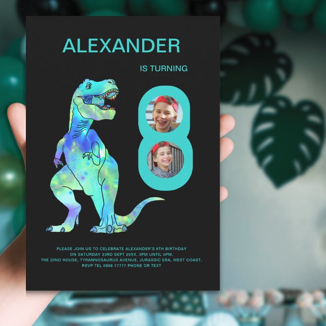 Convite T-Rex Dino Boys 8ª Festa de aniversário (Dinosaur T-Rex boys 8th birthday party invitation with photo template colorful dinosaur blue teal )