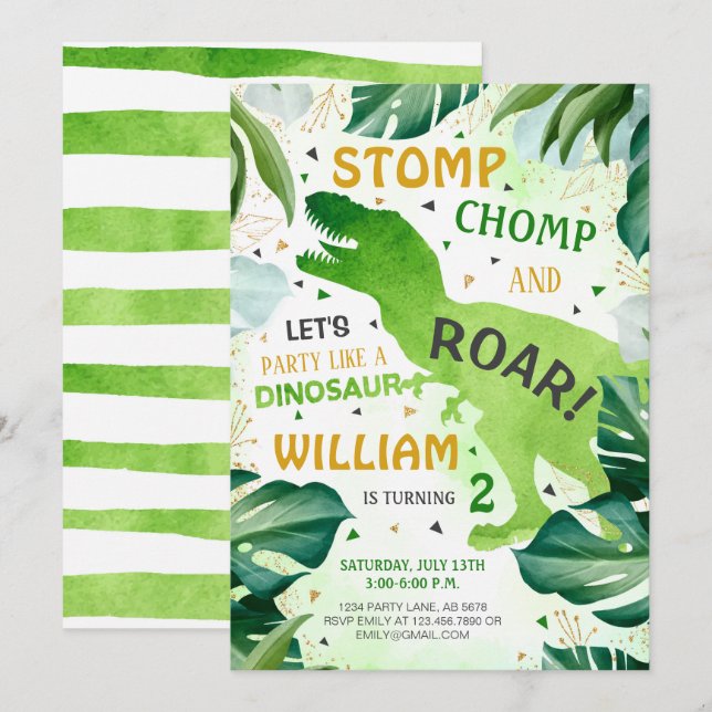 Convite T Rex Dinosaur Boy Birthday (Frente/Verso)