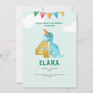 Convite T-Rex Dinossaur 4º Aniversário Festa de Crianças