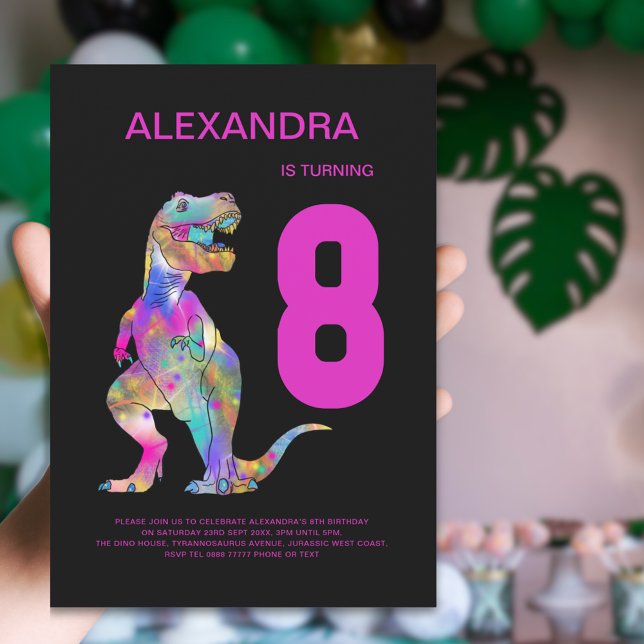 Convite T-Rex Dinossaur 8º Festa de aniversário Rosa (Colorful T-Rex Dinosaur girls 8th birthday party pink and black invitation)