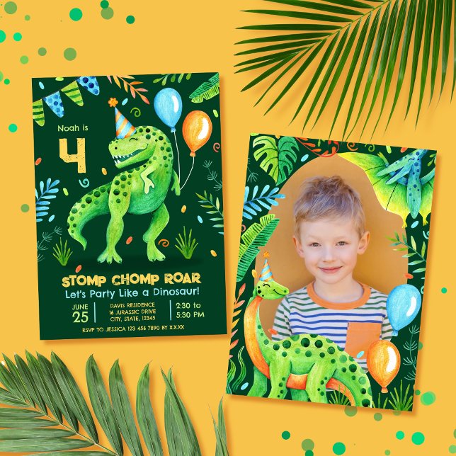 Convite T Rex Dinossaur Stomp Chomp Roar Boy Foto Aniversá (T Rex Dinosaur Stomp Chomp Roar Boy Photo Birthday Invitation)