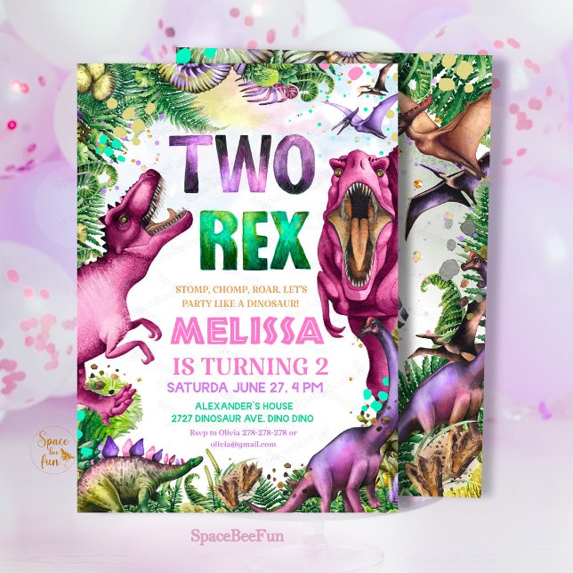 Convite T-Rex Dinossauro DOIS Festa de Dinossauro  (Dinosaur TWO Rex Invitation, Girl Dinosaur Party,birthday invitation Dino,Tropical Two rex birthday,)