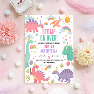 Convite T-Rex Dinossauro Rosa Aniversário de 5 anos