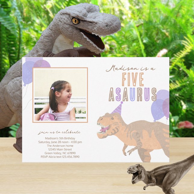 Convite T-Rex Foto de qualquer Festa de aniversário de din (Change FIVE to any age for the perfect dinosaur birthday party invitations for your little one)