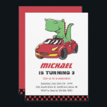 Convite T-Rex Motorista Race Car Kids Aniversário<br><div class="desc">Design para crianças,  rapazes ou raparigas que adoram corridas de carros,  carros desportivos,  velocidade e carro de brinquedos. Perfeito para a festa de aniversário do tema do construtor. Você pode personalizar o texto para ajustado outras ocasiões.</div>