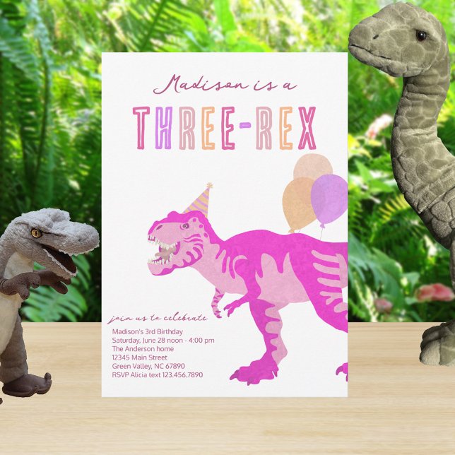 Convite T-Rex Pink Three-Rex Dino Third 3rd Birthday (Easy to personalize for your pink dinosaur birthday party theme)