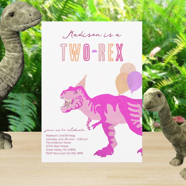 Convite T-Rex Pink Two-Rex Dino Second 2nd Birthday (Cute pink dinosaur Two Rex birthday party invitations)