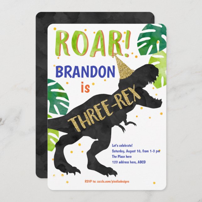 Convite T-Rex, Rapaz, Terceiro Aniversário, Dinossauro (Frente/Verso)