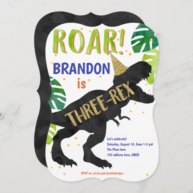 Convite T-Rex, Rapaz, Terceiro Aniversário, Dinossauro (Frente/Verso)