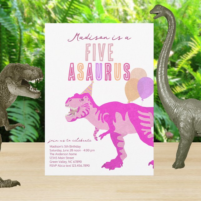 Convite T-Rex Rosa Cinco Asaurus Qualquer Festa de anivers (Change FIVE to any age you need on these dinosaur birthday party invitations for all ages)