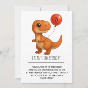 Convite T-Rex sorridente com Balão Vermelho Aniversário