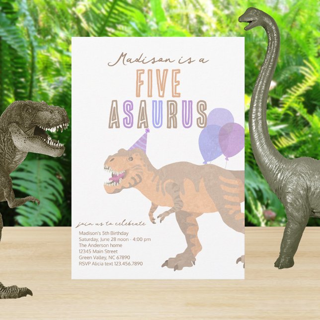 Convite T-Rex Tan Cinco Asaurus Qualquer Festa de aniversá (For that perfect 5th birthday party for your dinosaur lover. FIVE can be changed to any age you need)