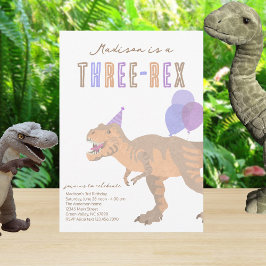 Convite T-Rex Tan Three-Rex Dino Third aniversário de 3 an