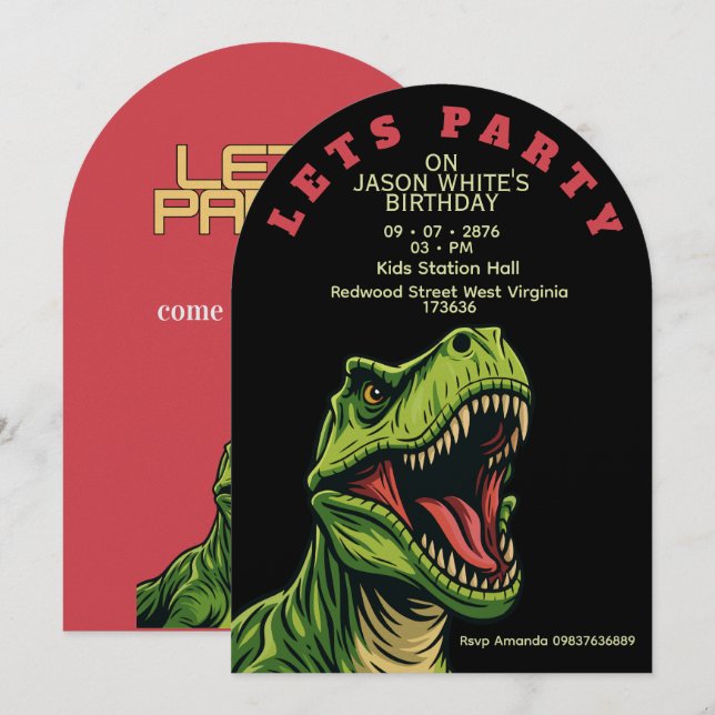 Convite T-Rex Themed Boy Birthday Invitation (Frente/Verso)
