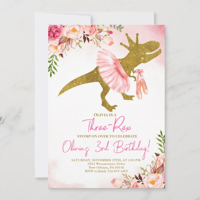 Convite T-Rex Tutus Birthday Convide, Tutus Rosa Esmagado (Frente)