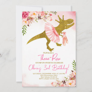 Convite T-Rex Tutus Birthday Convide, Tutus Rosa Esmagado