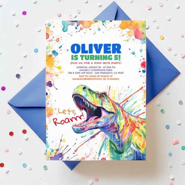 Convite T-Rex Tyronassaurus Dinossauro Colorido Aniversári (Let's Roar Dinosaur Birthday Invitation for Kids)
