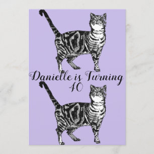 Convite Tabby Cat Purple Art aniversário de 40 anos Convit