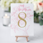 Convite Tabela de Casamento Dourada de Penas Flóridas Rosa<br><div class="desc">Cartão de número da mesa branca elegante e romântica,  em cor rosa e esquema de cor de ouro de champanhe. O design de flor de pedras é apresentado nos lados frontal e traseiro do cartão. Personalize e adicione cada número de tabela individual ao seu carrinho de compro.</div>