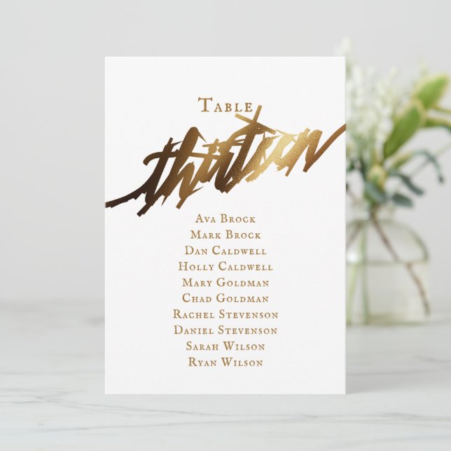 Convite Tabela de Script Elegante Dourada Número 13 Gráfic (Em pé/Frente)