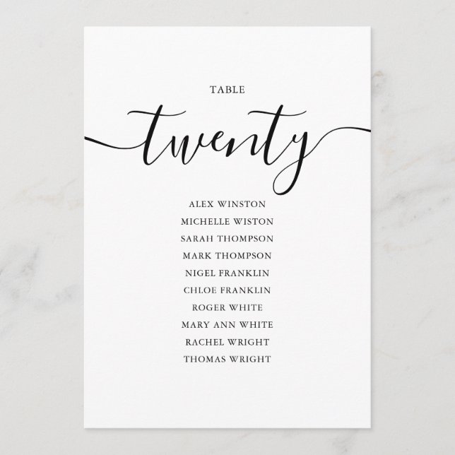 Convite Tabela de Script Preto Elegante Número 20 Sentado (Frente)