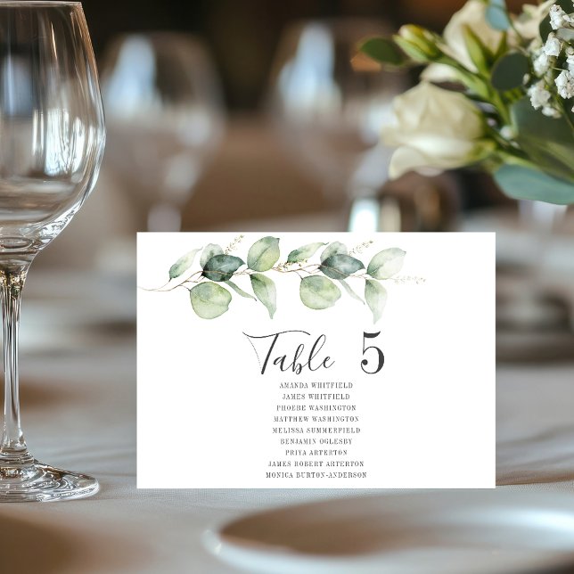 Convite Tabela Eucalyptus Número 5 Casamento (Eucalyptus Greenery Wedding Reception Script Table Number with Guest Names)