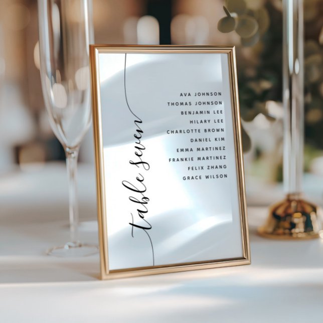 Convite Table 7 Vertical Script Wedding Seating Chart Card (Criador carregado)