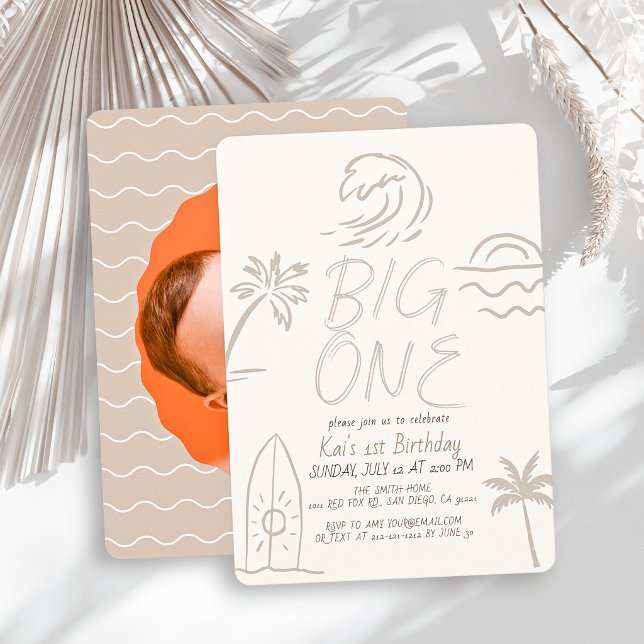 Convite Tábua de Surf Big One Doodle Foto Bege 1º Aniversá (Criador carregado)