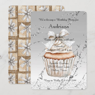 Convite Taca de Bolo de Aniversário Prateado Glam