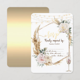 Convite Taça de Champanhe Chic Floral Quadro Dourado RSVP