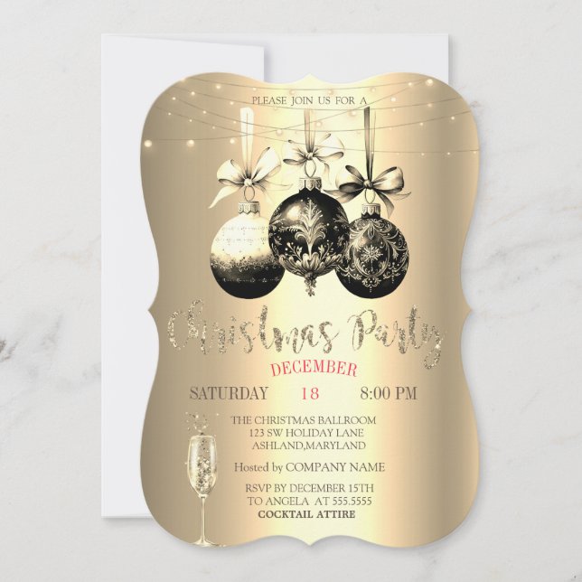 Convite Taça de Champanhe Chic, Luzes Empresa de Natal Dou (Frente)