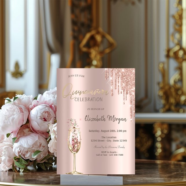 Convite Taça de Champanhe com Glitter Drips Quinceañera (Criador carregado)