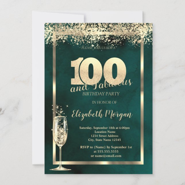 Convite Taça de Champanhe Confete Dourado Verde Aniversári (Frente)