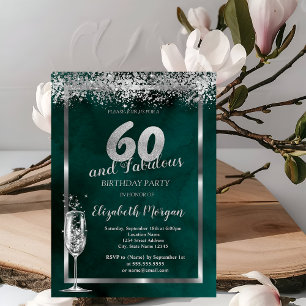 Convite Taça de Champanhe Confete Prata Verde 60 Anos