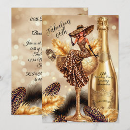 Convite Taça de Champanhe Dourada Leve Fabuloso Aniversári