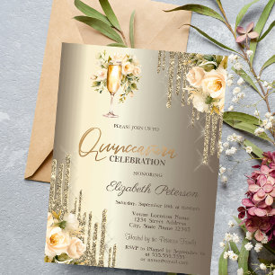 Convite Taça de Champanhe Floral com Gotas de Brilho Quinc
