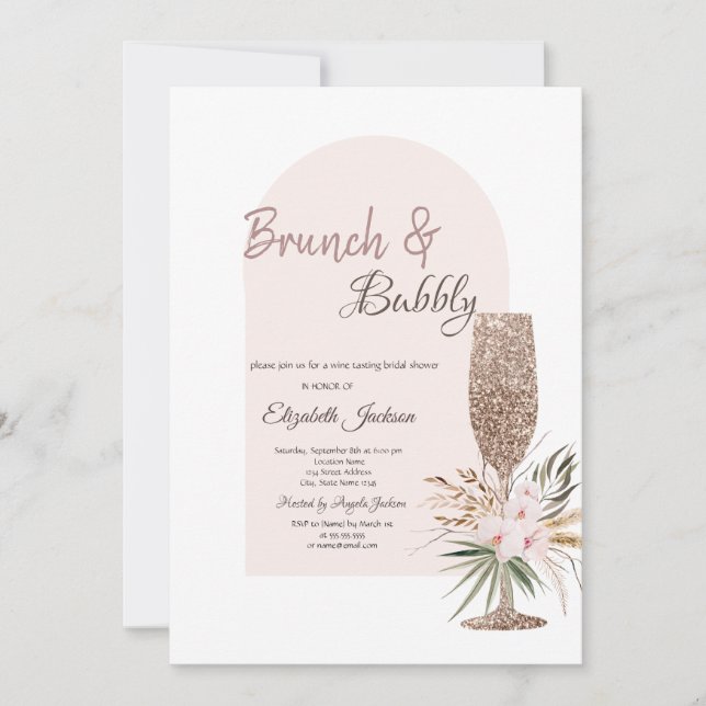 Convite Taça de Champanhe Flores Boho Brunch & Espumante (Frente)