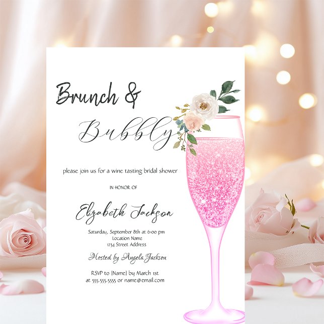 Convite Taça de champanhe rosa flor brunch & borbulhante  (Criador carregado)