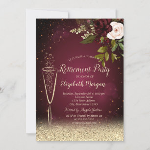 Convite Taça de Champanhe Rosas Burgundy Dourado Aposentad