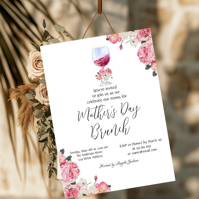 Convite Taça de Vinho com Flores Brunch do Dia das Mães (Criador carregado)