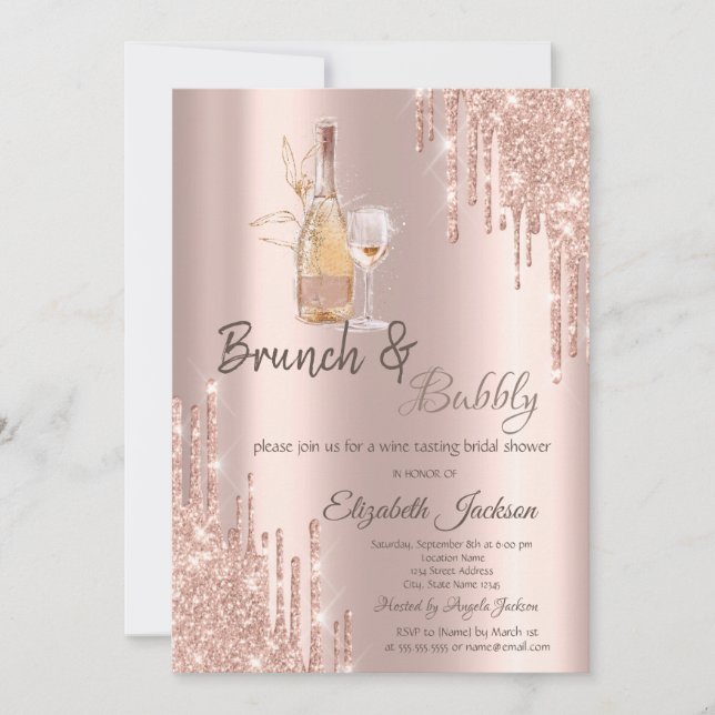 Convite Taça de Vinho com Gotejamento em Rose Gold Brunch  (Frente)