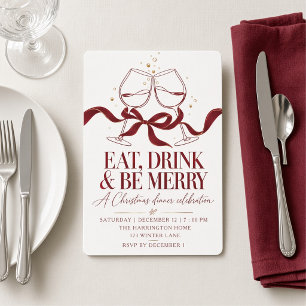 Convite Taca de vinho com laço burgundy para jantar de Nat