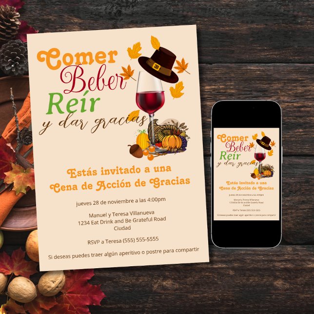 Convite Taca de vinho espanhol Comer Beber Jantar de Ação  (Criador carregado)