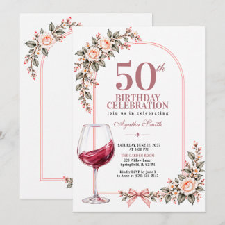 Convite Taça de Vinho Floral Boho Rosa Bege para Aniversár