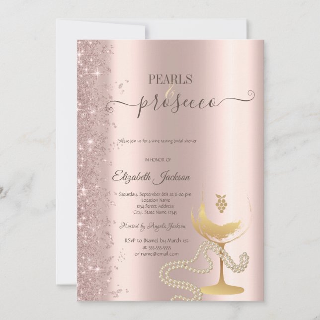 Convite Taça de Vinho Pérolas Brilho Dourado Rosa Choque d (Frente)