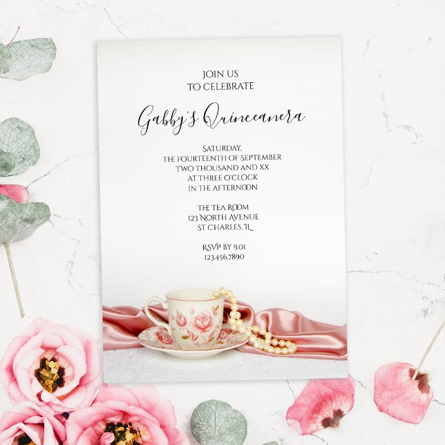 Convite Taça Floral Rosa de Chá com Pérolas Festa de Quinc (Criador carregado)