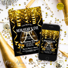 Convite Taças de Champagne Elegantes em Ouro para Réveillo